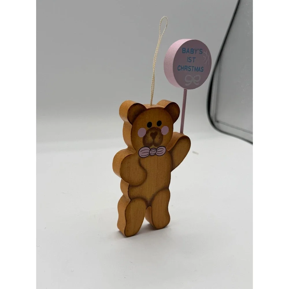 Vintage Style Wooden Teddy Bear Baby's 1st Christmas Ornament Pink Balloon Brown